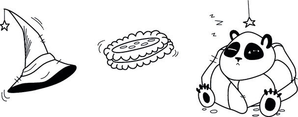 Three black icons cookie or biscuit, witch hat and cute sleepy panda.