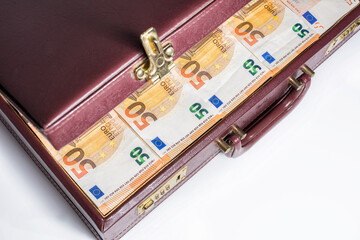 24-hour half-open briefcase full of euro banknotes