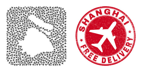 Vector collage Shanghai City map of air force items and grunge Free Delivery badge.