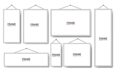 Realistic hanging on a wall blank grey picture frames collection. Modern poster mockup. Empty photo frame. Vector illustration.