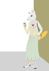 スマートフォンを見るオオカミ頭のおしゃれな若い女性