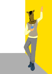 スマートフォンを見るモデルのようなポーズの馬頭の若い男性