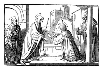 Fototapeta premium Elizabeth, mother of John the Baptist, visited by virgin Mary, mother of Jesus Christ.Bible,New Testament,Luke 1. Vintage antique drawing.
