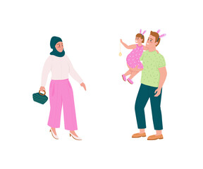 Fototapeta na wymiar Happy family flat color vector detailed character set. Muslim woman. Father and daughter in bunny ears. Spring holiday isolated cartoon illustration for web graphic design and animation collection