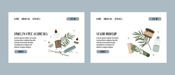 Natural skin care. Organic cruelty-free cosmetics. Vegan makeup. Herbal beauty products for face and body care. Vector flat cartoon illustration. Perfect for landing page, banner design, website