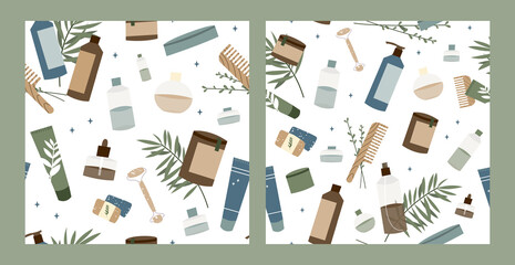 Natural skin care. Organic cruelty-free cosmetics. Vegan makeup. Herbal beauty products for face and body care. Vector flat cartoon illustration, seamless pattern