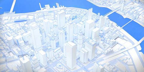 white low poly modern downtown with river above view