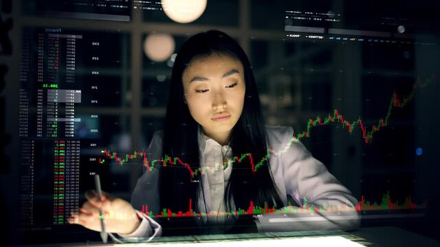 Asian woman working in the office using holographic projection. GUI (Graphical User Interface). Animated Charts Diagrams of Financial Statistics report Growing