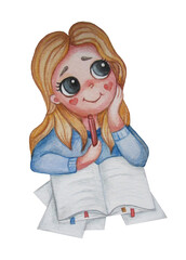 A girl with long hair and a smile, in blue clothes, over book and sheets of paper, is thinking and dreaming of something. Watercolor. White background. education concept, characters and professions