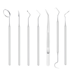 Dental tools stainless steel realistic set. Mouth mirror, tweezers, probe, sickle scaler, sharp needle.