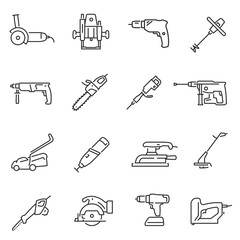 Power tools thin line icons set isolated on white. Carpentry, joinering, woodwork equipment.