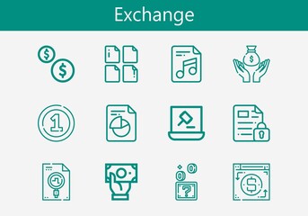Premium set of exchange line icons. Simple exchange icon pack. Stroke vector illustration on a white background. Modern outline style icons collection of Money, Coin, Coins, Auction, Payment method
