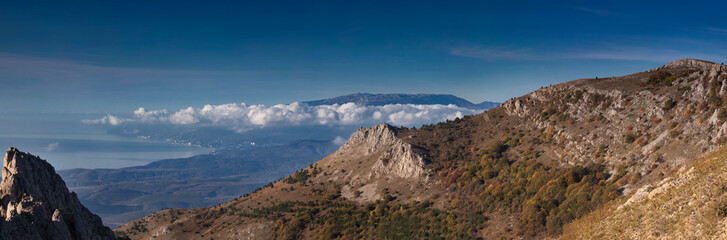 Panorama of South Coast of Crimea and mount Ayu-dag at Big Gates (Bolshiye vorota) mountain pass