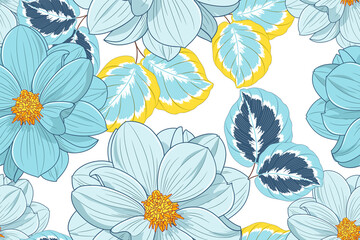 Pattern with dahlia flowers and calathea leaves