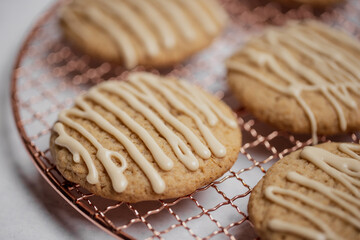 Closeup of spiced cookies with beige maple icing