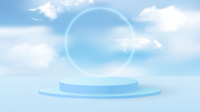 Background vector 3d blue rendering with podium and minimal cloudy scene. Minimal product display background of 3d rendered geometric shape sky blue cloud pastel.Vector