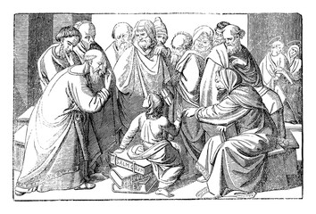 Boy Jesus talking with teachers in Jerusalem temple. Bible, New Testament, Luke 2. Vintage antique drawing.