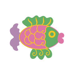 Single stylized cartoon sea fish with curls. Pink, green, purple, yellow colors. Hand-drawn vector. Beautiful aquarium fish. Design element for children illustrations, printing on fabric, internet.