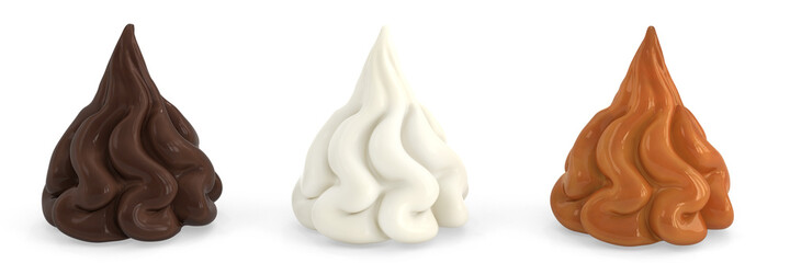 Realistic caramel candies icon set with creamy liquid and creamy drops of caramel chocolate cream 3d render