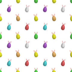 Seamless pattern. Multicolored 3D Easter eggs with bunny ears on a white background