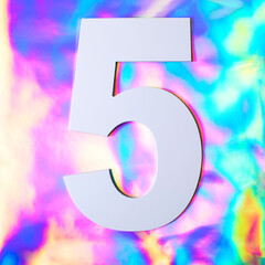 Number five on the holographic textured background. Colorful reflective fabric. Celebration, holidays, fashion concept. Flat lay.