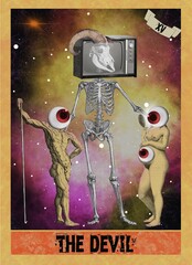alternative representation of the tarot card The Devil dobe a naked man and woman are in front of the devil in television form - obrazy, fototapety, plakaty