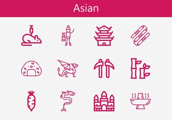 Premium set of asian line icons. Simple asian icon pack. Stroke vector illustration on a white background. Modern outline style icons collection of Lantern, Nunchaku, Kusarigama, Rat, Onigiri