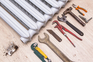Plumbing different tools and equipment for repair radiator and pipes