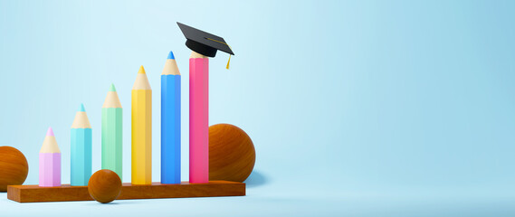 Education concept. 3d of pencils and graduation hat on blue background. Modern flat design isometric concept of Education. Back to school.