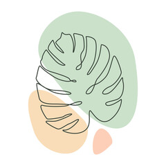 Fototapeta premium Botanical wall art vector with leaf monstera. Foliage palm leaves one line art drawing with pastel abstract shape. Minimalistic and natural wall art. Vector illustration