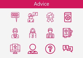 Premium set of advice line icons. Simple advice icon pack. Stroke vector illustration on a white background. Modern outline style icons collection of Answer, Guide, Manual, Psychologist, Question
