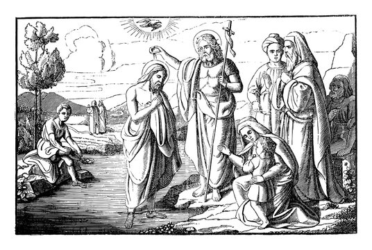 John the Baptist baptizing Jesus Christ in River Jordan. Vintage antique drawing. Bible, New Testament, Matthew 3.