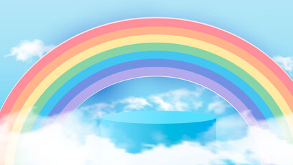 Background vector 3D blue rendering with podium and minimal cloudy scene. Minimal product display background 3d render of geometric shape sky blue cloud pastels and rainbow. Vector