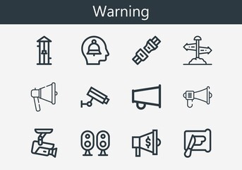 Premium set of warning line icons. Simple warning icon pack. Stroke vector illustration on a white background. Modern outline style icons collection of Seat belt, Free fall, Megaphone, Spreading