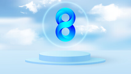 Round podium or baseboard on a minimal stage. Mockup studio for product presentation, branding design. Volumetric number 8 with gradient. Vector