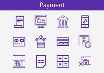 Premium set of payment line icons. Simple payment icon pack. Stroke vector illustration on a white background. Modern outline style icons collection of Money, Shop, Receipt, Bank, Online