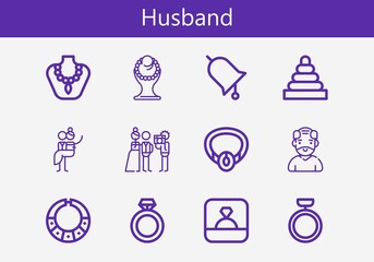 Premium set of husband line icons. Simple husband icon pack. Stroke vector illustration on a white background. Modern outline style icons collection of Necklace, Ring, Rings, Newlyweds, Old man