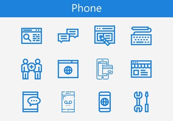 Premium set of phone line icons. Simple phone icon pack. Stroke vector illustration on a white background. Modern outline style icons collection of Keyboard, Chat, Online shop, Ipad, Payment method