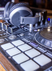 Fototapeta na wymiar close up of a dj mixer, dj control panel