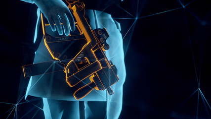 3d rendered illustration of Futuristic technology soldier hologram with gun in hand. High quality 3d illustration