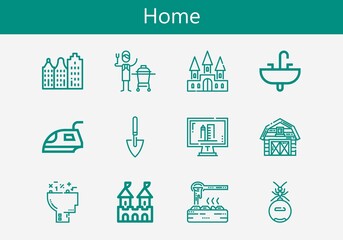 Premium set of home line icons. Simple home icon pack. Stroke vector illustration on a white background. Modern outline style icons collection of Building, Learning, Shovel, Sink, Barn, Ant