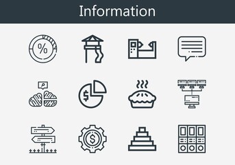 Premium set of information line icons. Simple information icon pack. Stroke vector illustration on a white background. Modern outline style icons collection of Pyramid, Slide, Network, Stats