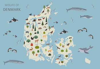 Flat design of Denmark wildlife. Animals, birds and plants constructor elements isolated on white set. Build your own geography infographics collection.