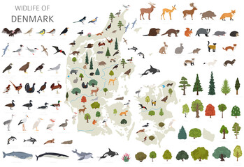 Flat design of Denmark wildlife. Animals, birds and plants constructor elements isolated on white set. Build your own geography infographics collection.