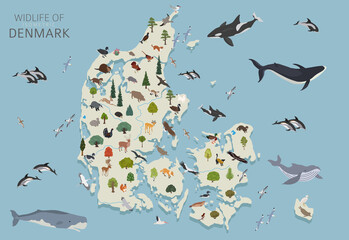 Obraz premium Isomatric 3d design of Denmark wildlife. Animals, birds and plants constructor elements isolated on white set. Build your own geography infographics collection