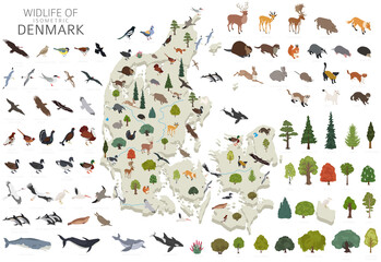 Fototapeta premium Isomatric 3d design of Denmark wildlife. Animals, birds and plants constructor elements isolated on white set. Build your own geography infographics collection.