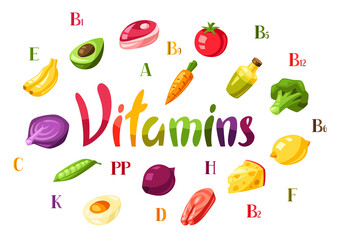 Vitamin food sources illustration.