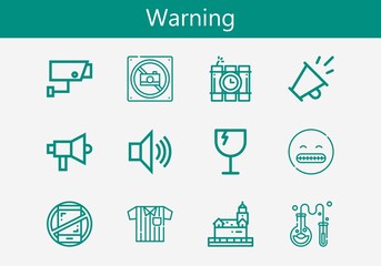 Premium set of warning line icons. Simple warning icon pack. Stroke vector illustration on a white background. Modern outline style icons collection of Chemistry, Megaphone, Fragile, No phones