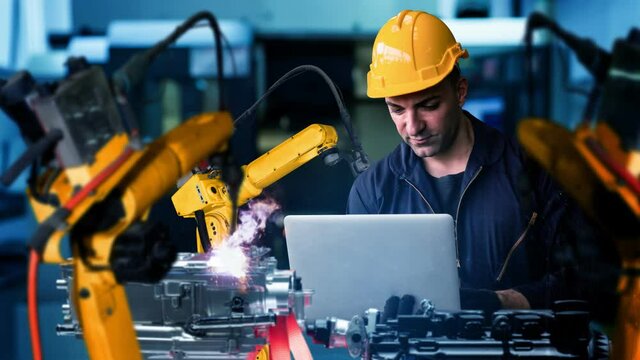 Smart industry robot arms modernization for digital factory technology . Concept of automation manufacturing process of Industry 4.0 or 4th industrial revolution and IOT software control operation .