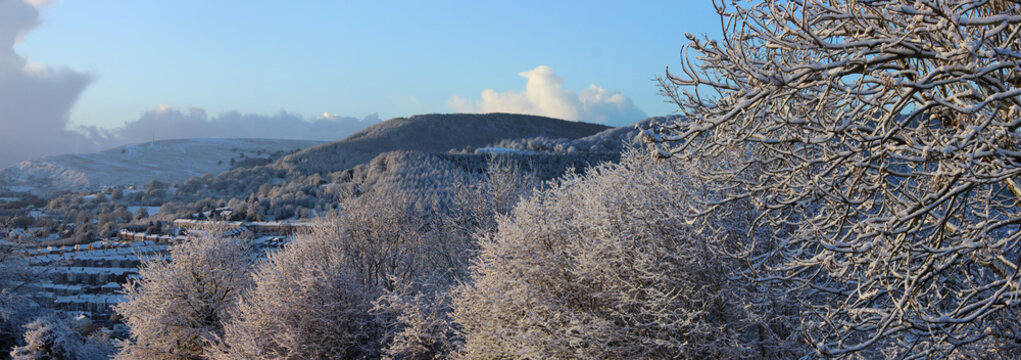 Scenic snow-covered mountains and trees, Pontypool, Torfaen, Wales